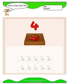 4 Rakamı Çizgi Çalışmaları Çalışma Sayfaları